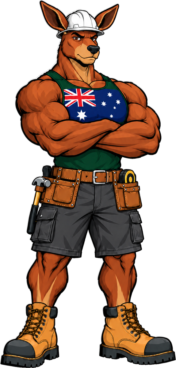 Roo Ted, the Built for Small Biz mascot: a muscular kangaroo in a hard hat, Aussie flag singlet, tool belt and work boots, arms crossed